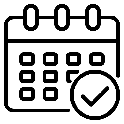 A black and white calendar icon with a check mark in a circle represents the convenient and flexible scheduling offered by Stellar Orthodontics in San Marcos, CA.