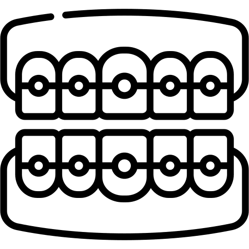 A black and white line drawing of upper and lower teeth with braces, inspired by Stellar Orthodontics’ boutique-style practice in San Marcos, CA.