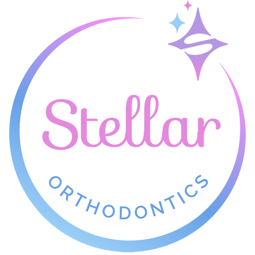 Featuring a circular outline, the Stellar Orthodontics logo in San Marcos, CA displays pink and blue gradient text with a stylized smile graphic and sparkle.