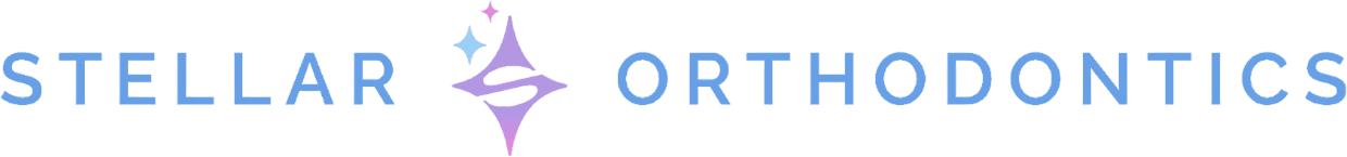 A logo for Stellar Orthodontics in San Marcos CA, features the practice’s name in blue with a stylized star and tooth icon in purple and light blue placed between "Stellar" and "Orthodontics.