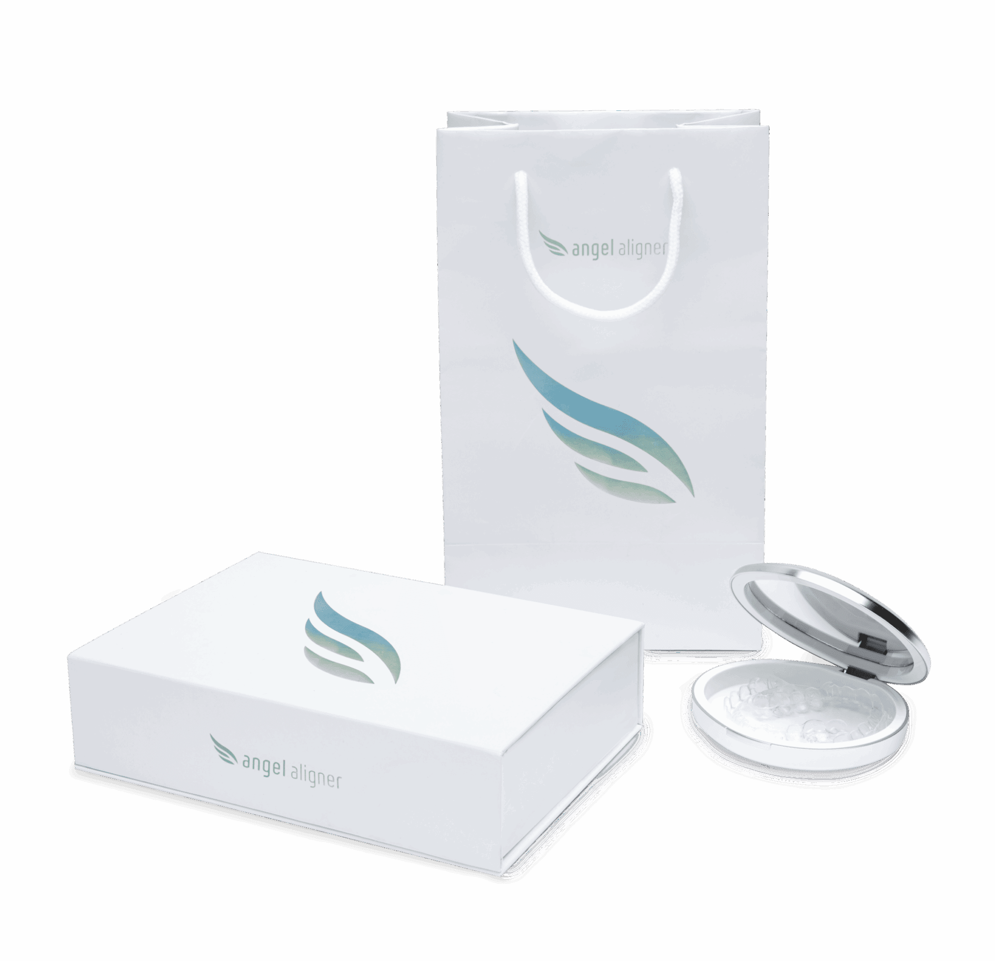 Angel Aligner-branded white bag, box, and round case with clear aligners at Stellar Orthodontics in San Marcos, CA.