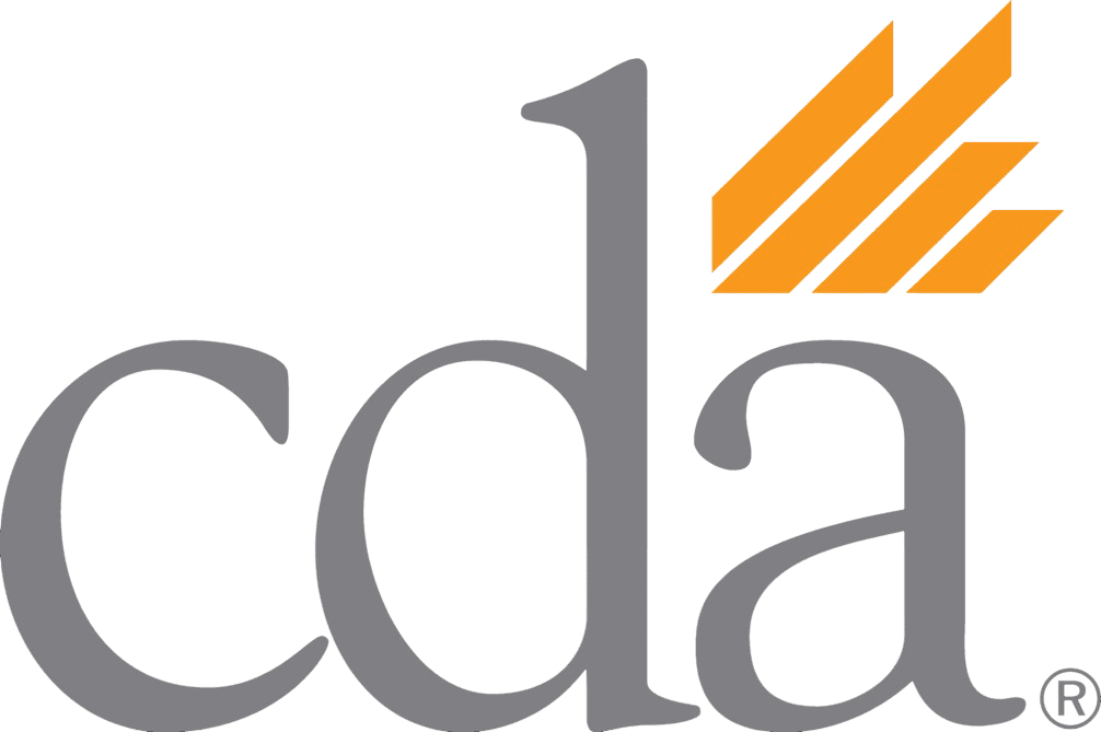 Logo for Stellar Orthodontics in San Marcos, CA: gray "cda" letters, three orange diagonal bars above "a," and ® symbol to the right.